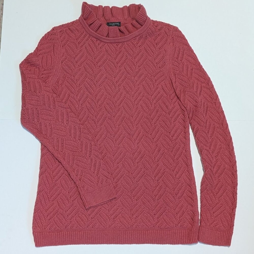 Talbot's Women's Pink Lace Knit Sweater with Ruffle Neck, Size Petite/Small
